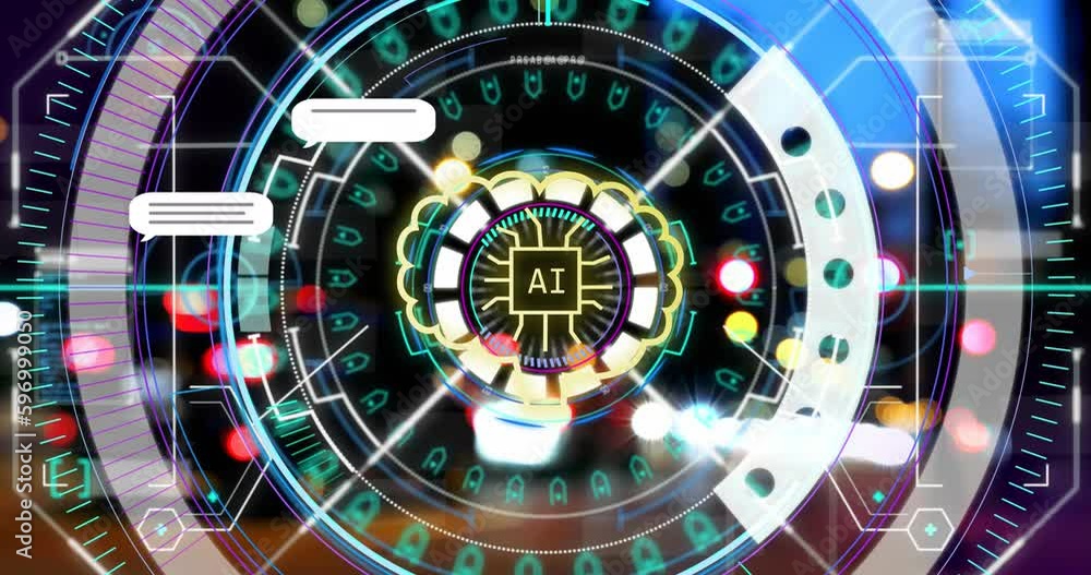 Animation of ai text, icons and data processing over scope Animation of ai text, icons and data processing over scope