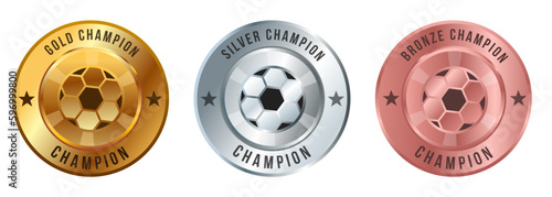 Soccer football medal gold silver bronze champion competition winner emblem round shape shiny medallion