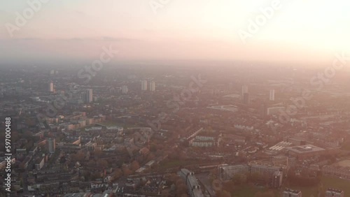 Circling aerial shot around south London Brixton Camberwell Clapham Neighbourhoods at sunset photo