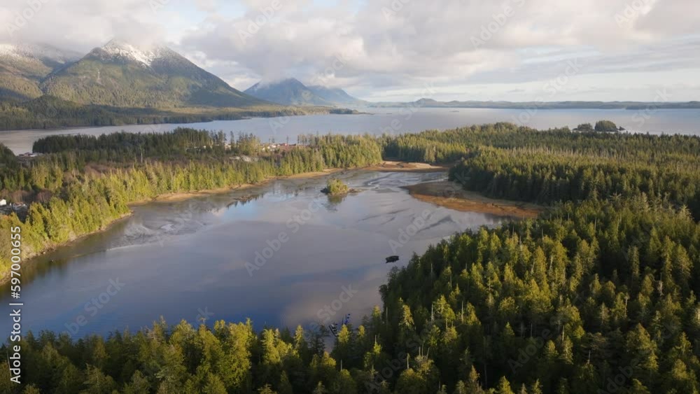 An ocean forest with mountains behind on the coast of British Columbia Canada. The Pacific Northwest coastline for BC near Vancouver Island. An ocean forest with mountains behind on the coast of British Columbia Canada. The Pacific Northwest coastline for BC near Vancouver Island.