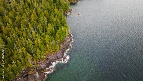 Drone shot of beautiful pacific northwest shoreline in British Columbia. The forest and ocean in BC Canada, a rugged coastline of waves on rocks by the forest.