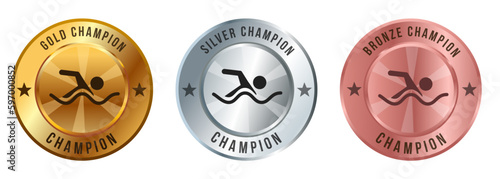 Swim competition sport medal championship winner gold silver bronze badges circle shape