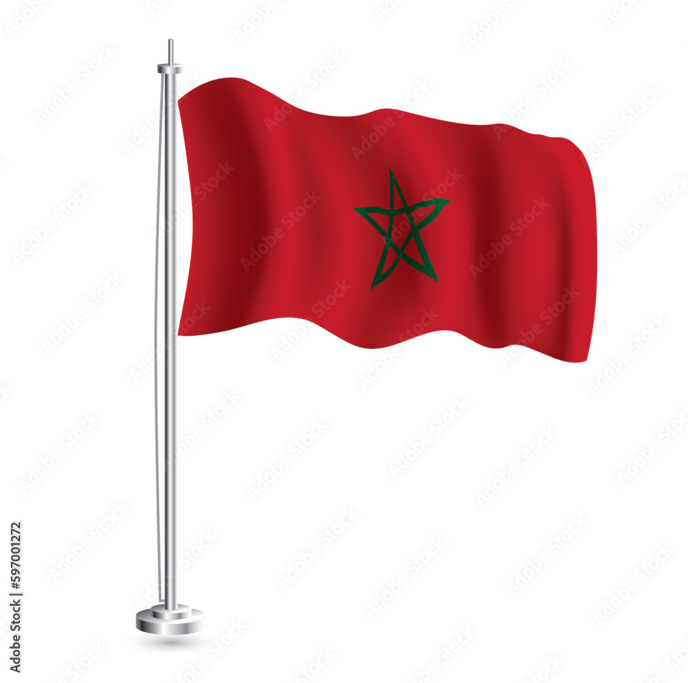 Moroccan Flag. Isolated Realistic Wave Flag of Morocco Country on Flagpole. Moroccan Flag. Isolated Realistic Wave Flag of Morocco Country on Flagpole.