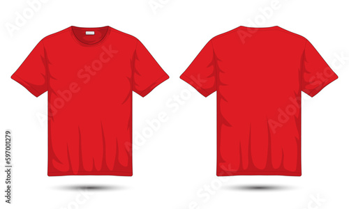Red T-shirt mockup front and back view. Vector illustration