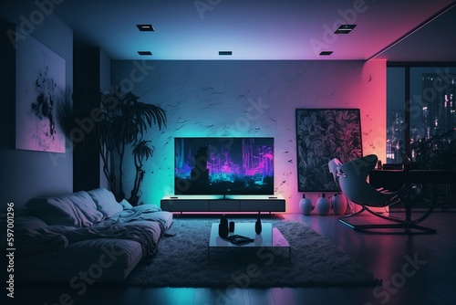 Nighttime Modern Living Room with Big TV Wall Screen and Neon Lights. AI