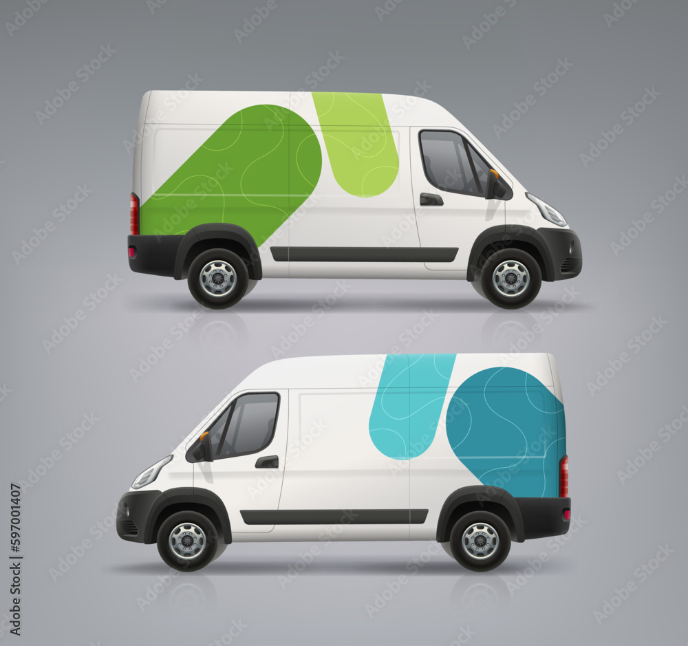 Realistic vector Van, Truck mockup with abstract branding decal concept. Abstract graphics of green and blue stripes. Company Cargo Van eitable vector template Realistic vector Van, Truck mockup with abstract branding decal concept. Abstract graphics of green and blue stripes. Company Cargo Van eitable vector template