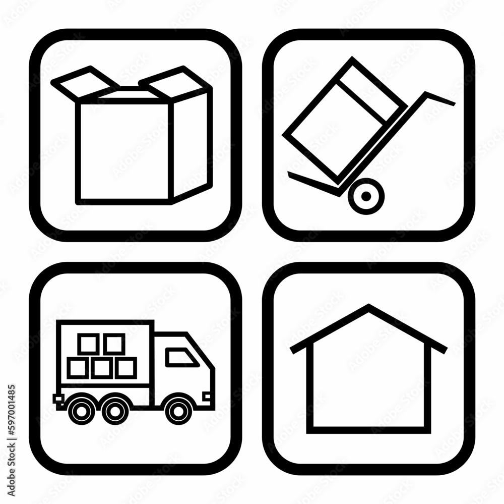 Set icon, four symbols, delivery of parcels, web signs, black and white, vector illustration Set icon, four symbols, delivery of parcels, web signs, black and white, vector illustration