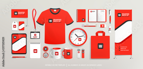 Promotional souvenirs with abstract Red Brand Identity design concept on stationery. Stationery mock-up template. Brand presentation mock-up. Promotion AD vertical banner design. Editable vector 
