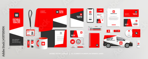 Brand Identity stationery Mock-Up set with red and black abstract design concept. Branding stationery mockup template of vertical banner, flyer, promotional car, A4 brochure, etc. Editable vector