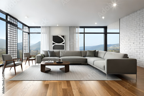 Interior design of a living room with a minimalist design  featuring simple furniture  clean lines  and a monochromatic color scheme   Generative AI