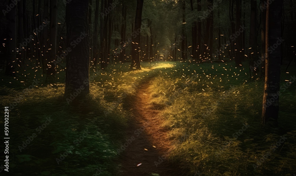 Fireflies light up the way along the forest path Creating using generative AI tools