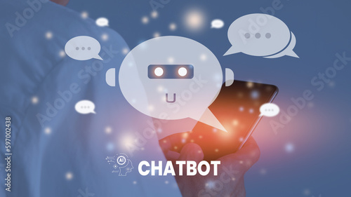 Businessmen chat with the chatbot via a smartphone app. Chatbot assistant conversation, Ai Artificial Intelligence technology concept