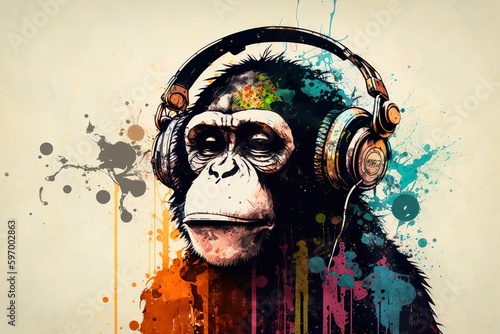 Monkey headphones with splah paint art made with Ai generative technology photo