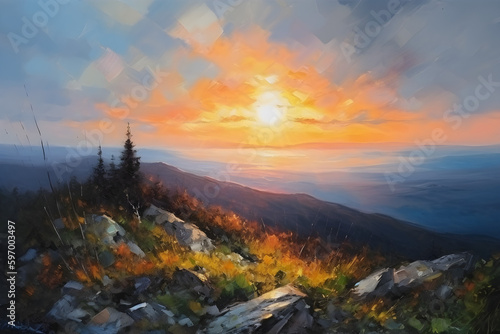 Oil painting of sunset in the top of the mountain, impressionism. Generative AI. 