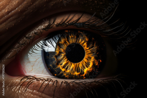 Close up of human eyes, golden iris. Awakening concept photo. fire in eyes. Generative AI. 