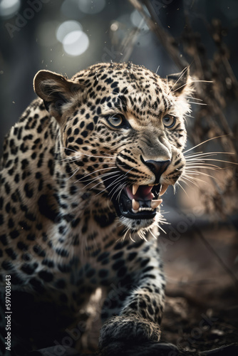 Wild Leopard panthera roaring aggressively. Jungle forest running generative ai