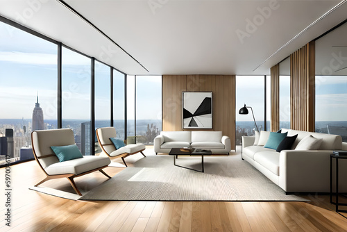 Interior design of a living room with a minimalist design, featuring simple furniture, clean lines, and a monochromatic color scheme   Generative AI © CreativeCaptures