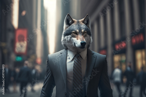 wolf with a formal suit and tie walking in city street created with Generative AI 