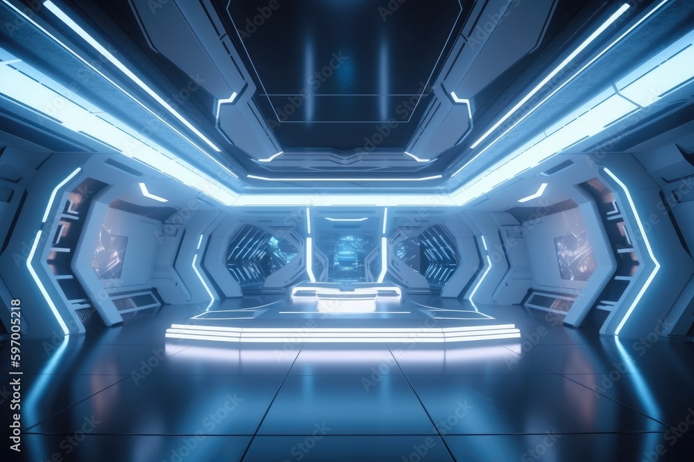 Fototapeta premium Futuristic blue and white spaceship interior with glowing lights. Generative Ai