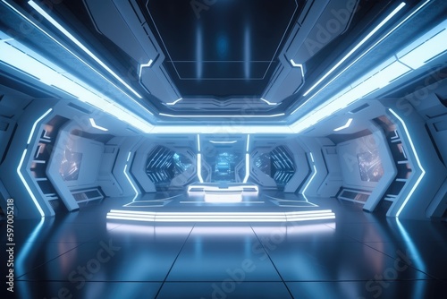 Futuristic blue and white spaceship interior with glowing lights. Generative Ai © vassileva_t
