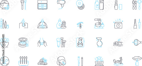Hair salon linear icons set. Cut, Color, Style, Blowout, Highlights, Balayage, Perm line vector and concept signs. Updo,Extension,Shampoo outline illustrations Generative AI