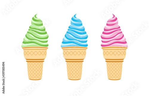 Soft serve ice cream in wafer style cone. vector icon