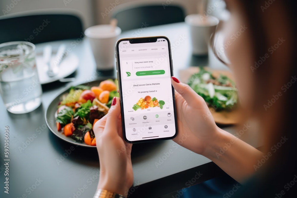 Person using smartphone app to track calories and macronutrients, managing diet and maintaining healthy lifestyle, generative ai - obrazy, fototapety, plakaty 