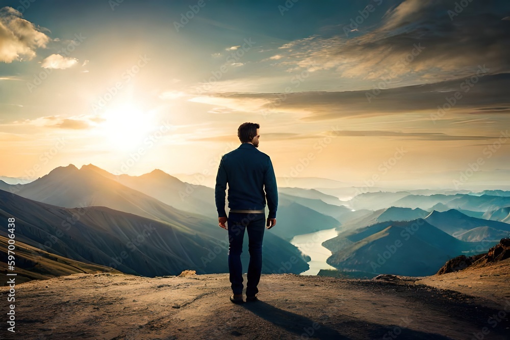 person standing on top of the mountain, generative ai person standing on top of the mountain, generative ai