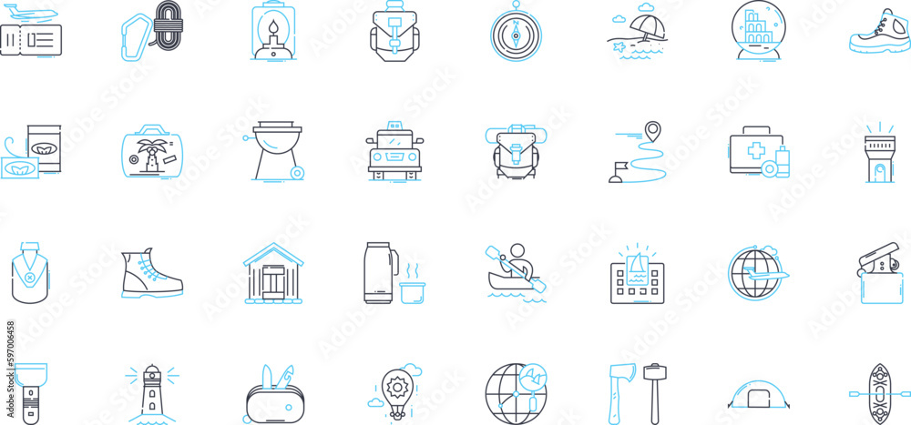 Adventure excursions linear icons set. Trekking, Kayaking, Mountaineering, Zip-lining, Bungee jumping, Rafting, Rock-climbing line vector and concept signs. Safari,Cycling,Surfing Generative AI