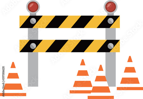Traffic Road barrier. Road closed, warning barrier. Flat vector illustrations for website under construction page. Warning and stop signs, roadwork, traffic barricade and cone. Safety barricade