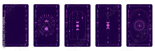 Tarot card set with mystic eye and celestial border. Boho esoteric tarot card with eye and frame. Vector illustration. Sacred geometry celestial triangle