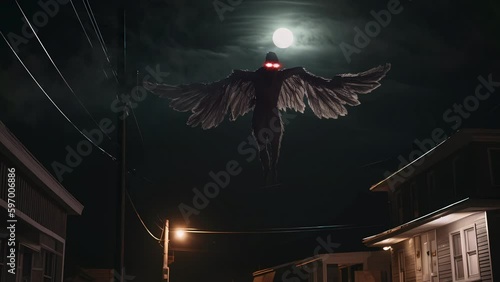 The Mothman flying in the sky above point pleasant at night. The horror legend of the half man half moth creature photo