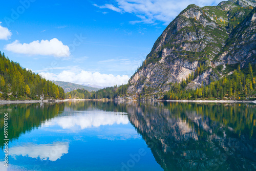 Lake in Dolomites mountains beautiful landscape, Lago di Braies, South Tyrol, Italy, Europe