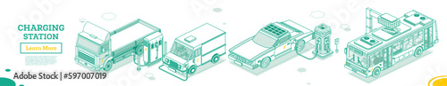 Electric Vehicle. Electromobile Charging Station. Isometric Outline Concept. Vector Illustration. Truck, Van and Bus. Eco Transport.