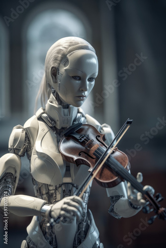 Robot playing violin. Ai with a musical instrument. Futuristic concept technology generative ai.