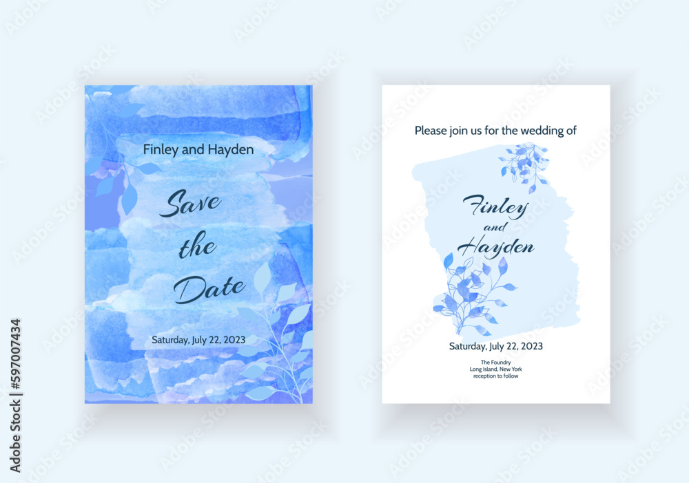 Watercolor wedding invitation card template with hand drawn stems with leaves. Hand drawn stems with leaves ornament on blue watercolor background. Watercolor wedding invitation card template with hand drawn stems with leaves. Hand drawn stems with leaves ornament on blue watercolor background.