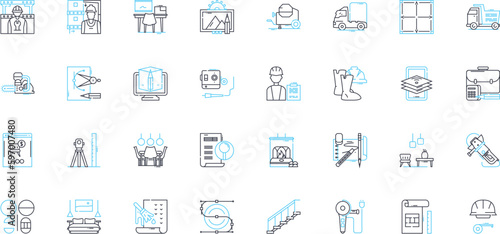 Construction supplies linear icons set. Lumber, Cement, Bricks, Steel, Sand, Gravel, Concrete line vector and concept signs. Plywood,Rebar,Timber outline illustrations Generative AI