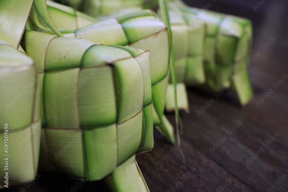 A bunch of ketupat, traditional dish from Indonesia. Ketupat is usually eaten during Islamic Eid al-Fitr and Eid al-Adha