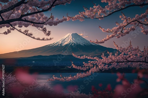 Spring cherry blossom with mount fuji in the background