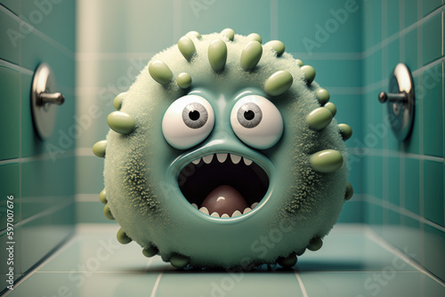 Mold and mildew in a tile bathroom shower 3d monster character, generative AI photo
