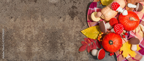 Traditional autumn background. Assorted of different knitted mushrooms  ripe Hokkaido pumpkins