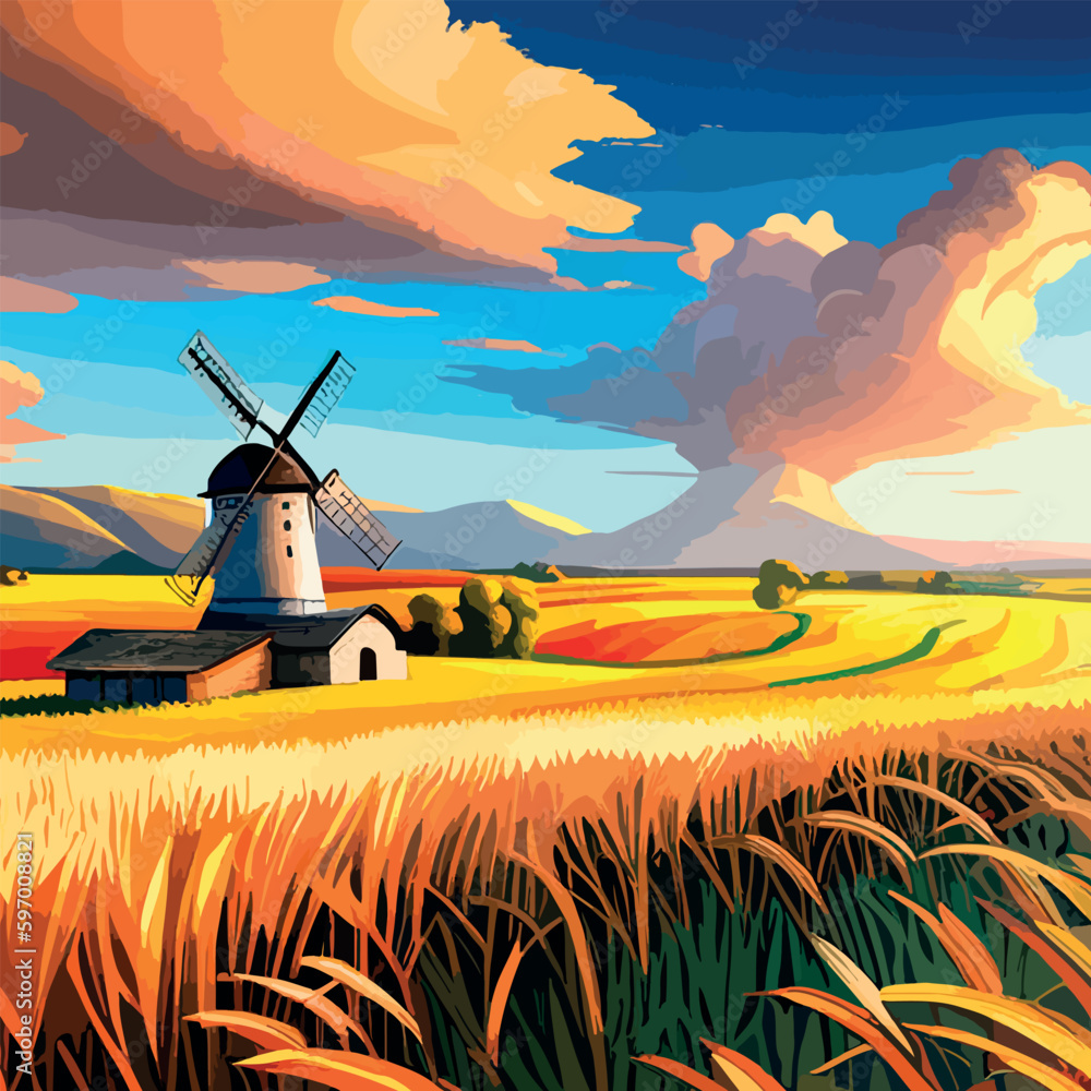 Rural summer landscape with windmill and wheat field. Vector ...