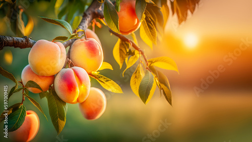 Fruit farm with peach trees. Branch with natural peaches on blurred background of orchard in golden hour. Concept organic, local, season fruits and harvesting. Generative ai photo
