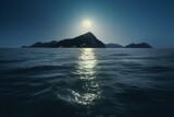 A bright full moon illuminates the ocean while a star twinkles above and a mountain stands in the distance with a shining light on the water. Generative AI