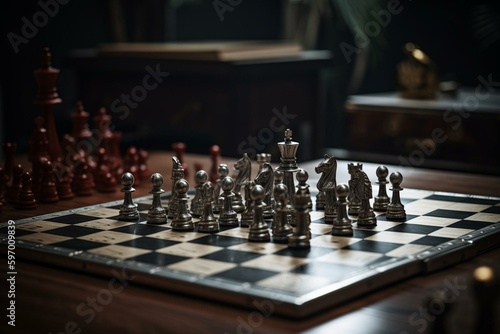 Visual of business competition using chess board and pieces. Generative AI
