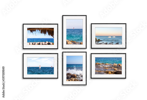 Photo frames collage, isolated on white. Sea view motif, 3D illustration, interior decor set mock up