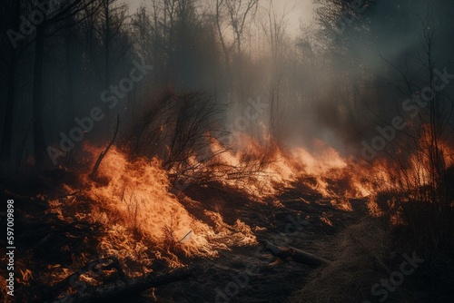 Wildfire, flames, controlled burn, slash burn. Generative AI © Yvaine