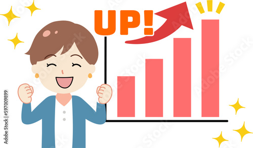 上昇するグラフと喜ぶ女性のイラスト　成績・業績アップ