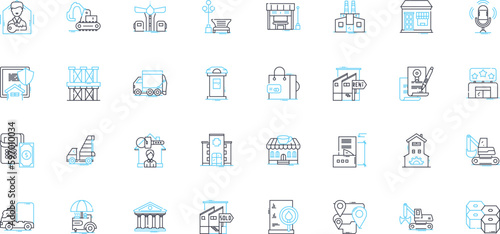 Building design linear icons set. Architecture, Blueprint, Facade, Elevation, Structural, Conceptual, Aesthetic line vector and concept signs. Form,Functionality,Symmetry outline Generative AI