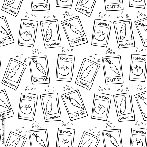 Seamless pattern of outline paper bags with seeds vegetables. Vector background and texture. Theme of gardening, farming, agriculture